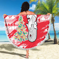Singapore Christmas Beach Blanket with Merlion Santa Hat Batik Christmas Tree and City Skyline Design - Wonder Print Shop