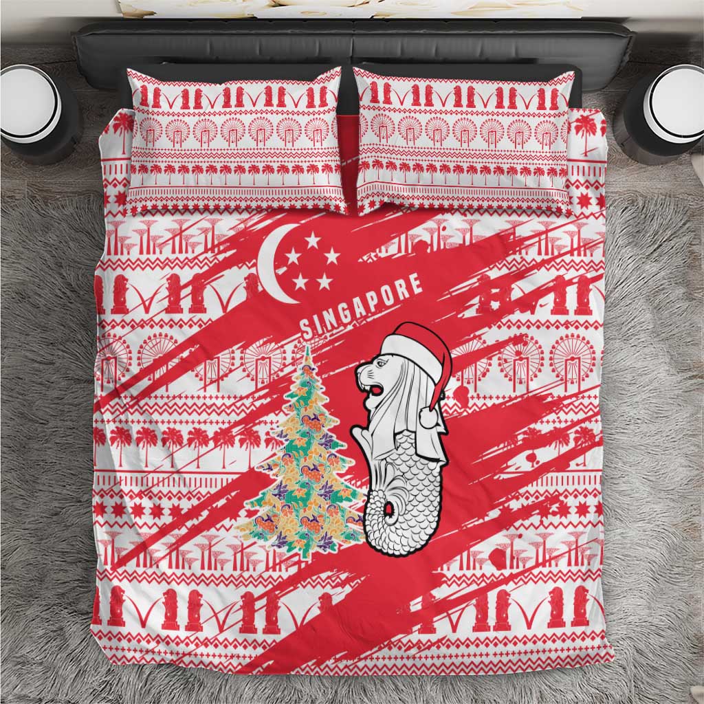 Singapore Christmas Bedding Set with Merlion Santa Hat Batik Christmas Tree and City Skyline Design - Wonder Print Shop
