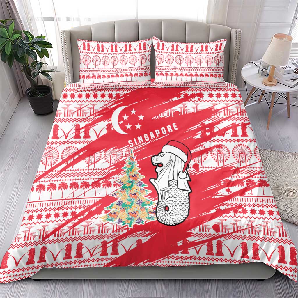 Singapore Christmas Bedding Set with Merlion Santa Hat Batik Christmas Tree and City Skyline Design - Wonder Print Shop