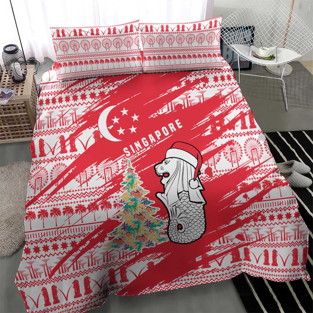 Singapore Christmas Bedding Set with Merlion Santa Hat Batik Christmas Tree and City Skyline Design - Wonder Print Shop