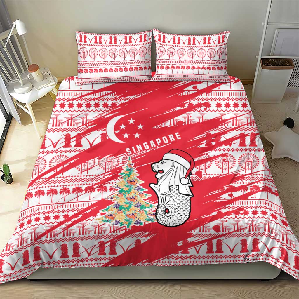 Singapore Christmas Bedding Set with Merlion Santa Hat Batik Christmas Tree and City Skyline Design - Wonder Print Shop