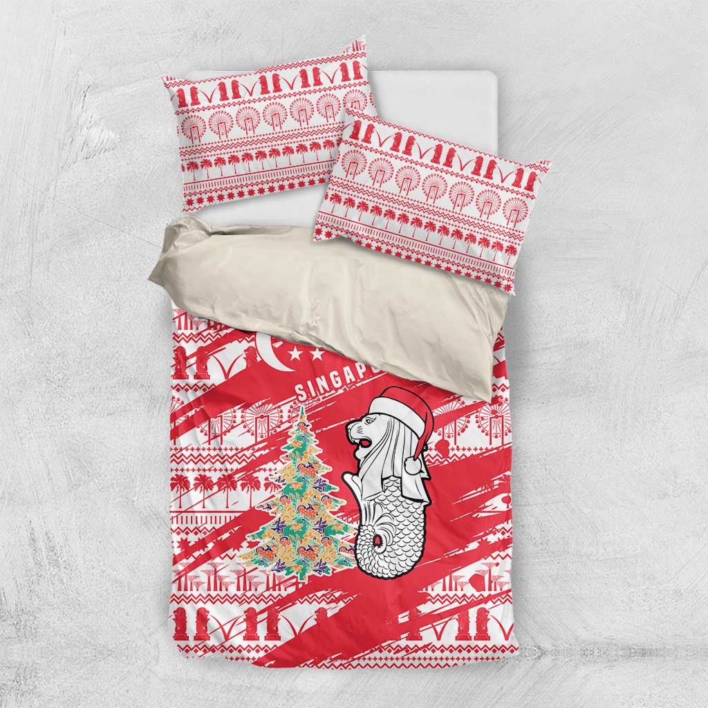 Singapore Christmas Bedding Set with Merlion Santa Hat Batik Christmas Tree and City Skyline Design - Wonder Print Shop