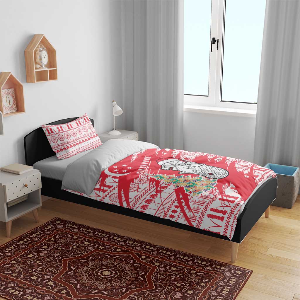 Singapore Christmas Bedding Set with Merlion Santa Hat Batik Christmas Tree and City Skyline Design - Wonder Print Shop