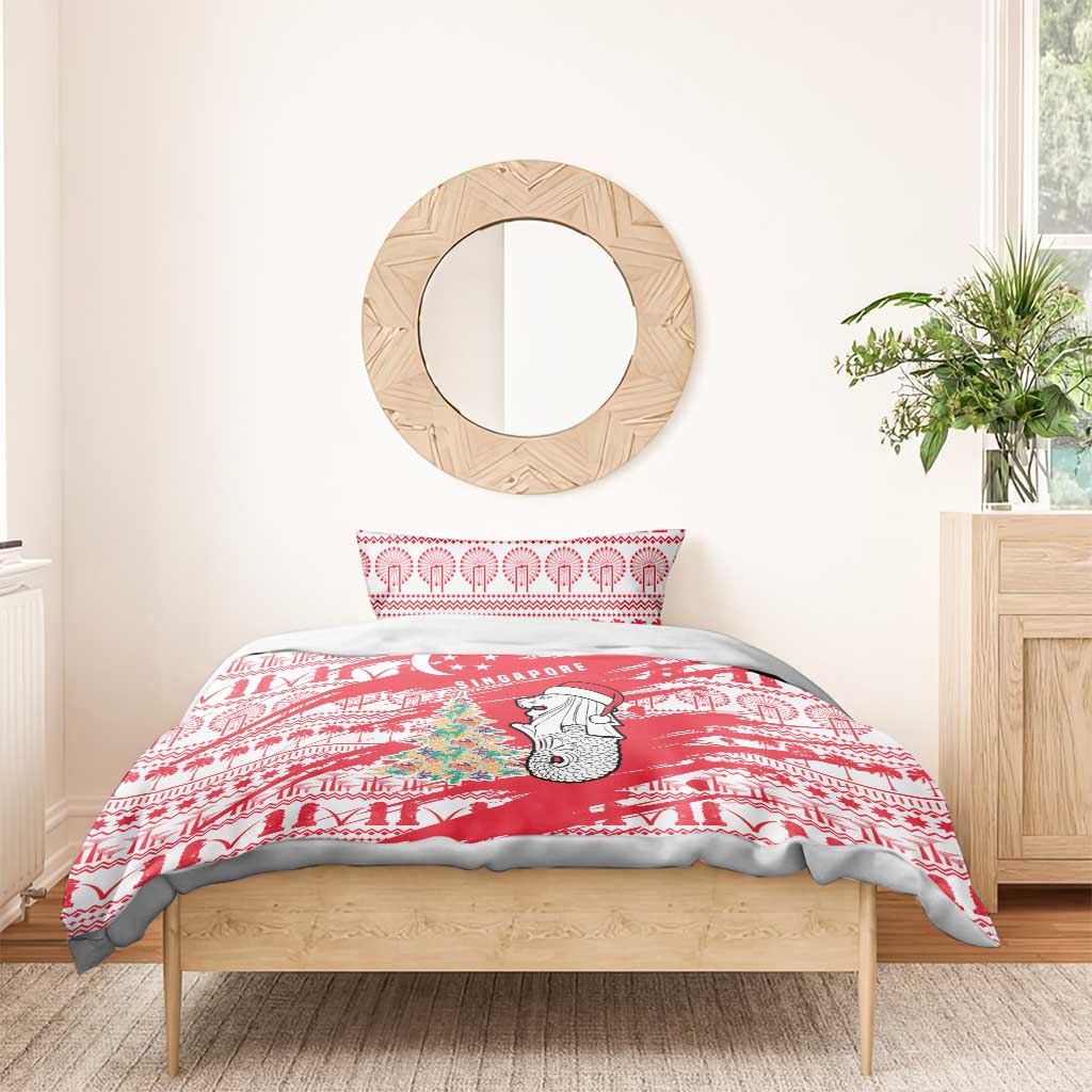 Singapore Christmas Bedding Set with Merlion Santa Hat Batik Christmas Tree and City Skyline Design - Wonder Print Shop