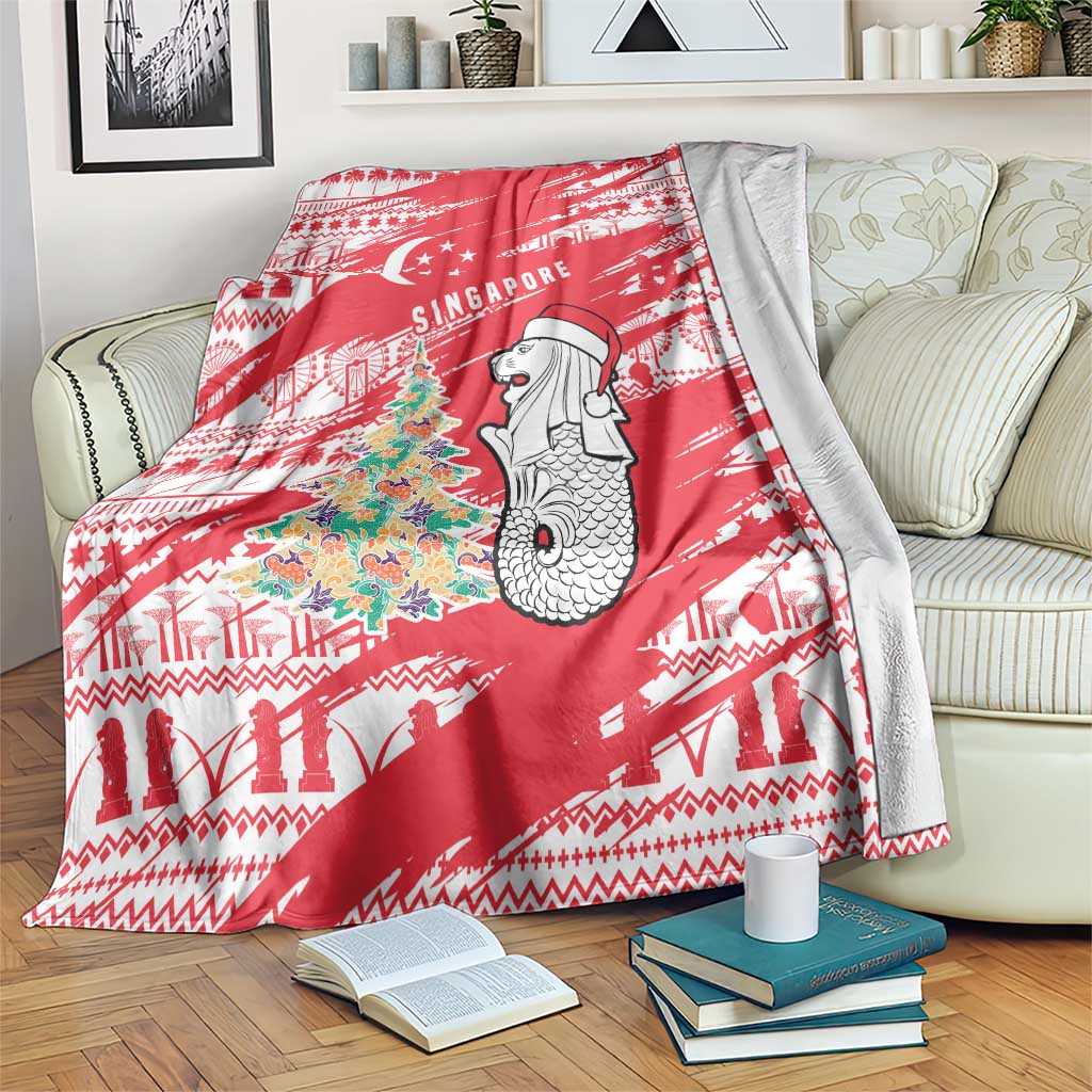 Singapore Christmas Blanket with Merlion Santa Hat Batik Christmas Tree and City Skyline Design - Wonder Print Shop