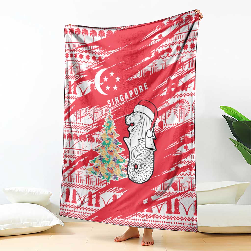 Singapore Christmas Blanket with Merlion Santa Hat Batik Christmas Tree and City Skyline Design - Wonder Print Shop