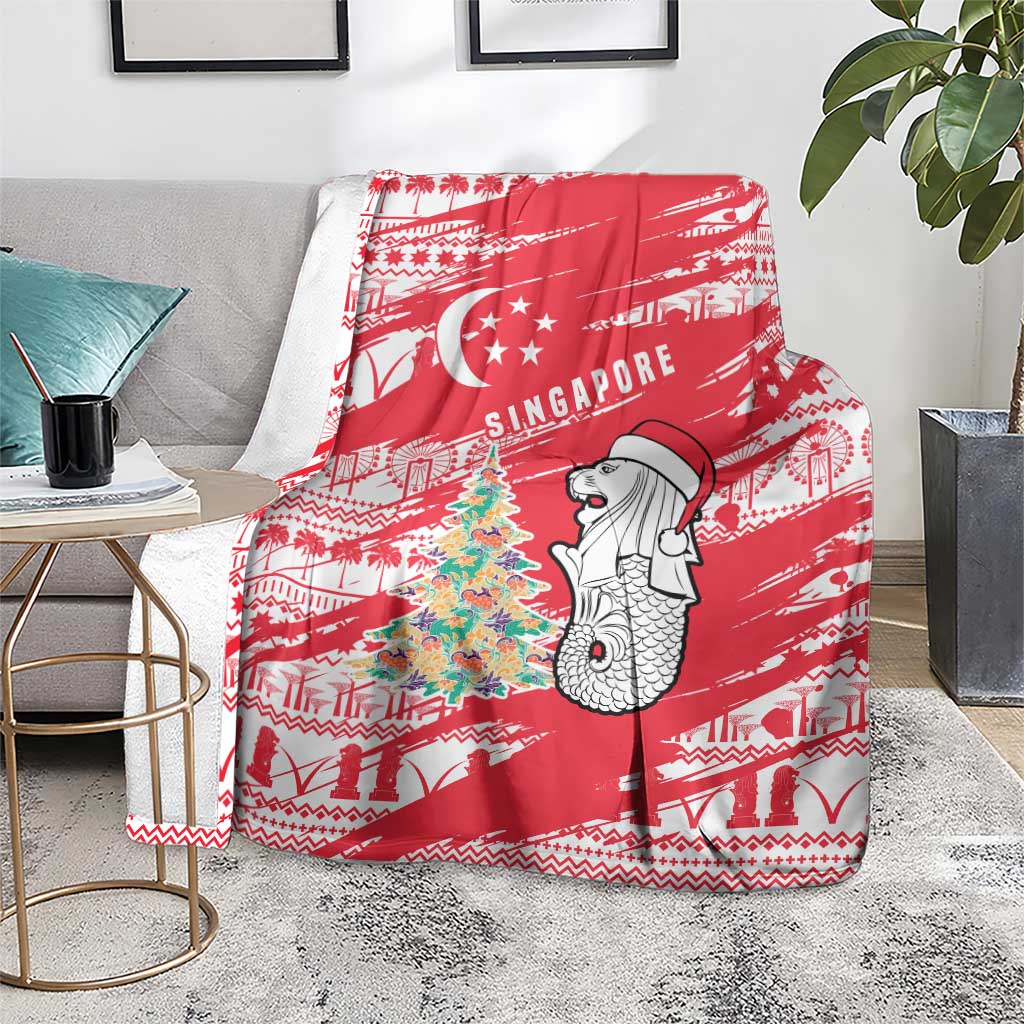 Singapore Christmas Blanket with Merlion Santa Hat Batik Christmas Tree and City Skyline Design - Wonder Print Shop