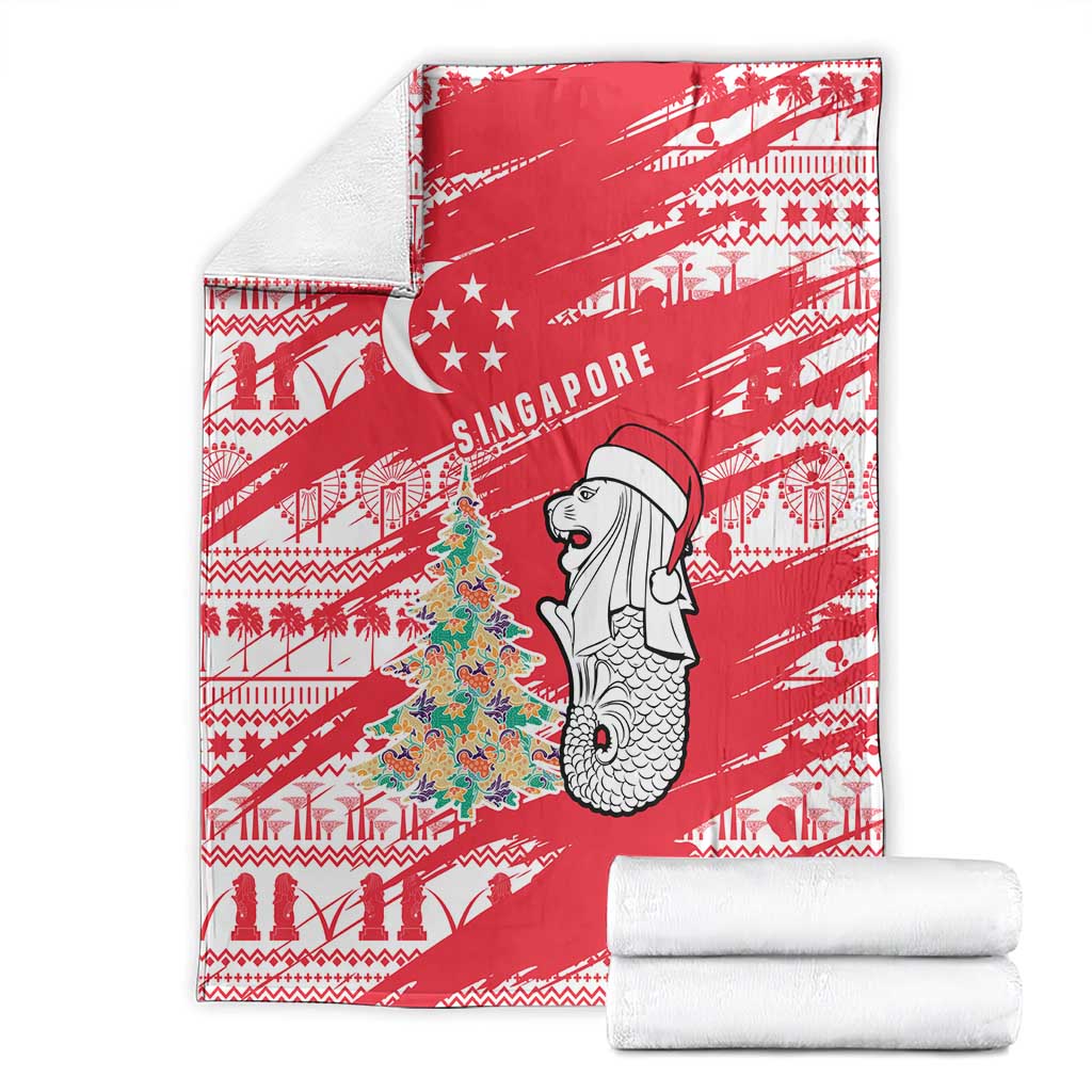 Singapore Christmas Blanket with Merlion Santa Hat Batik Christmas Tree and City Skyline Design - Wonder Print Shop