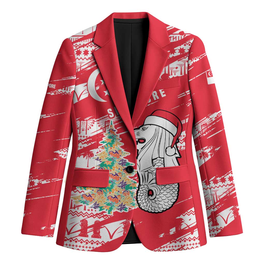 Singapore Christmas Blazer with Merlion Santa Hat Batik Christmas Tree and City Skyline Design - Wonder Print Shop