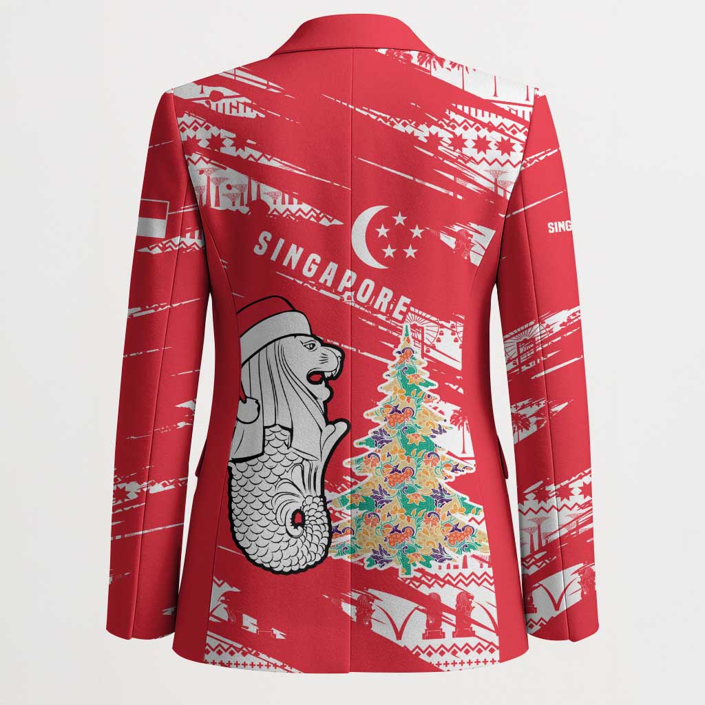 Singapore Christmas Blazer with Merlion Santa Hat Batik Christmas Tree and City Skyline Design - Wonder Print Shop