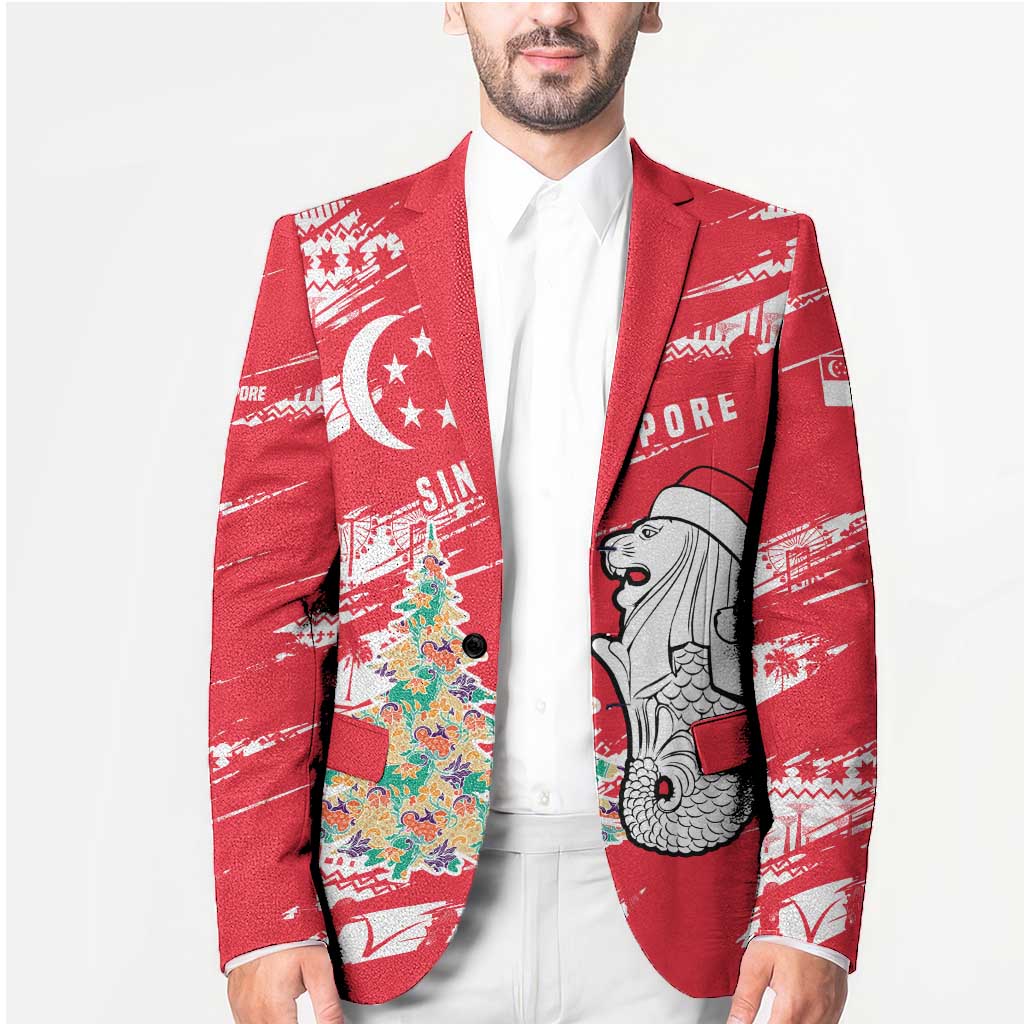 Singapore Christmas Blazer with Merlion Santa Hat Batik Christmas Tree and City Skyline Design - Wonder Print Shop