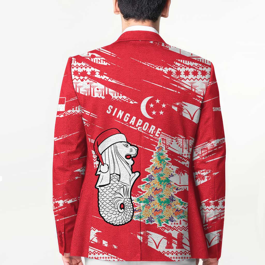 Singapore Christmas Blazer with Merlion Santa Hat Batik Christmas Tree and City Skyline Design - Wonder Print Shop