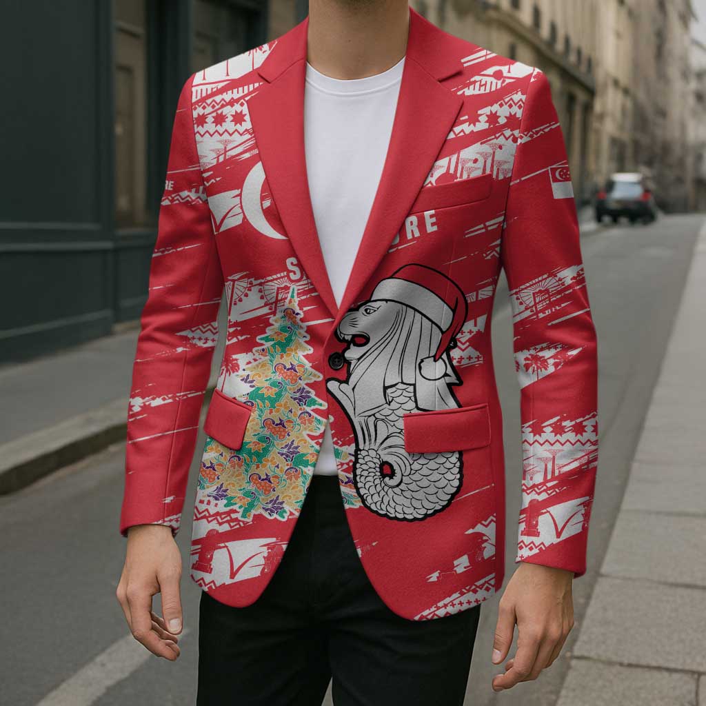 Singapore Christmas Blazer with Merlion Santa Hat Batik Christmas Tree and City Skyline Design - Wonder Print Shop