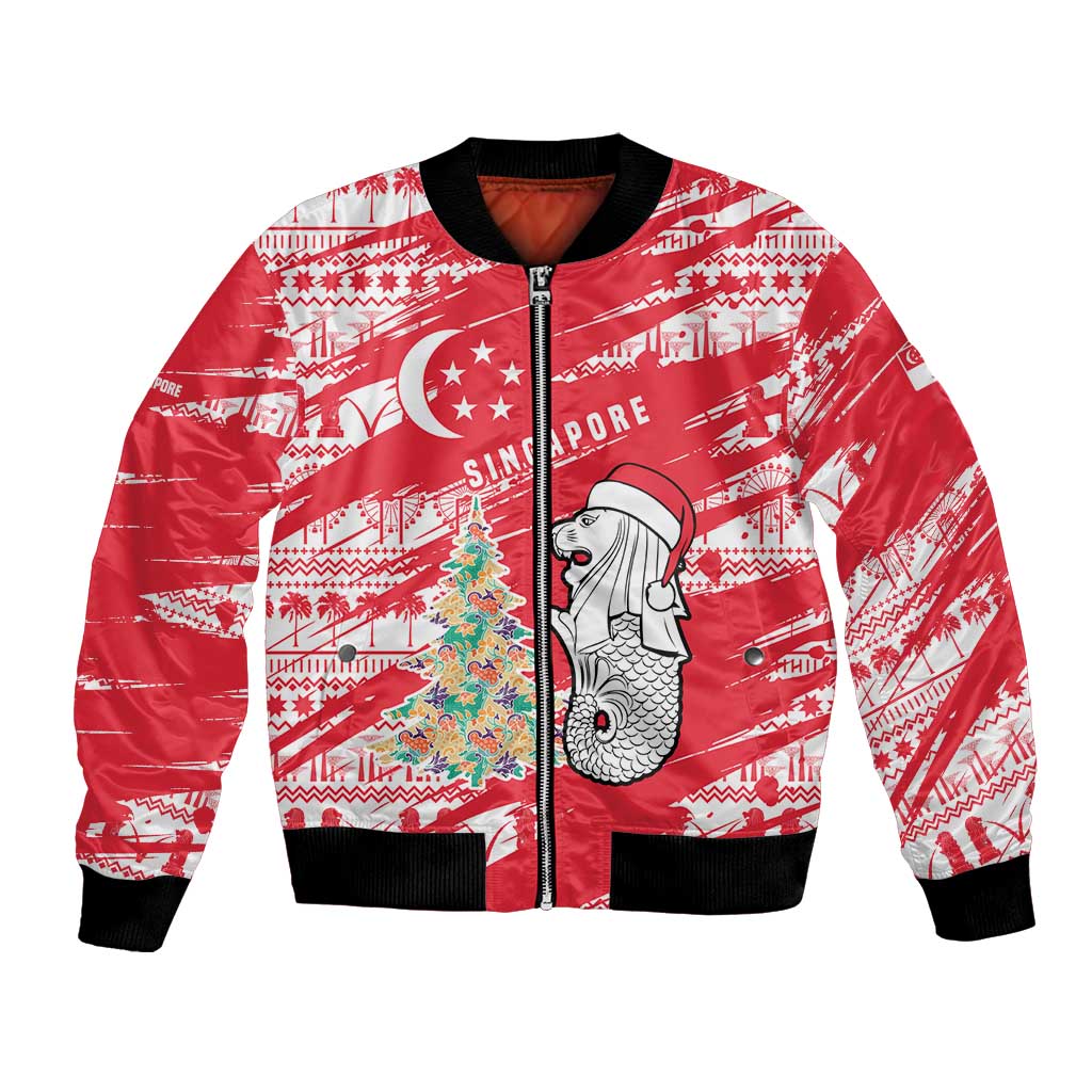 Singapore Christmas Bomber Jacket with Merlion Santa Hat Batik Christmas Tree and City Skyline Design - Wonder Print Shop