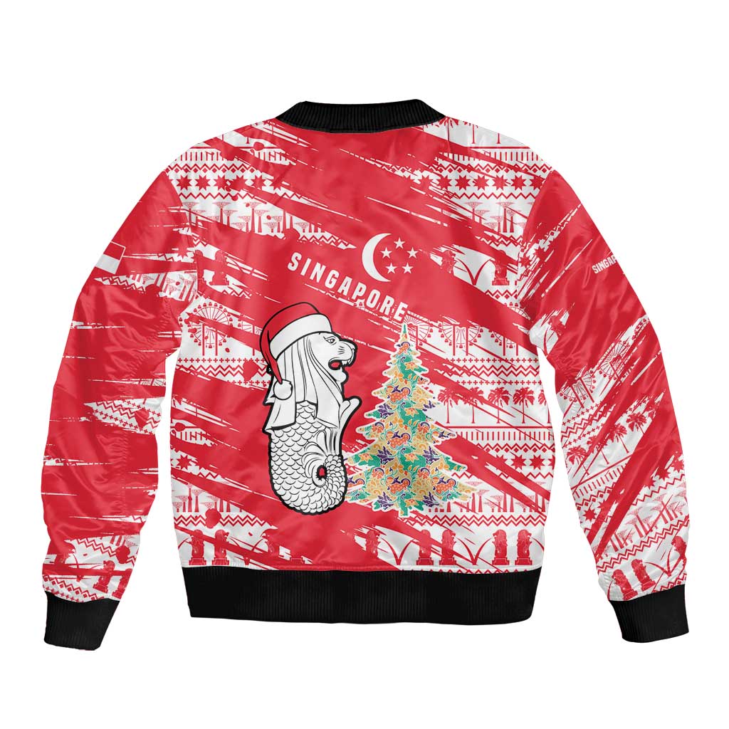 Singapore Christmas Bomber Jacket with Merlion Santa Hat Batik Christmas Tree and City Skyline Design - Wonder Print Shop