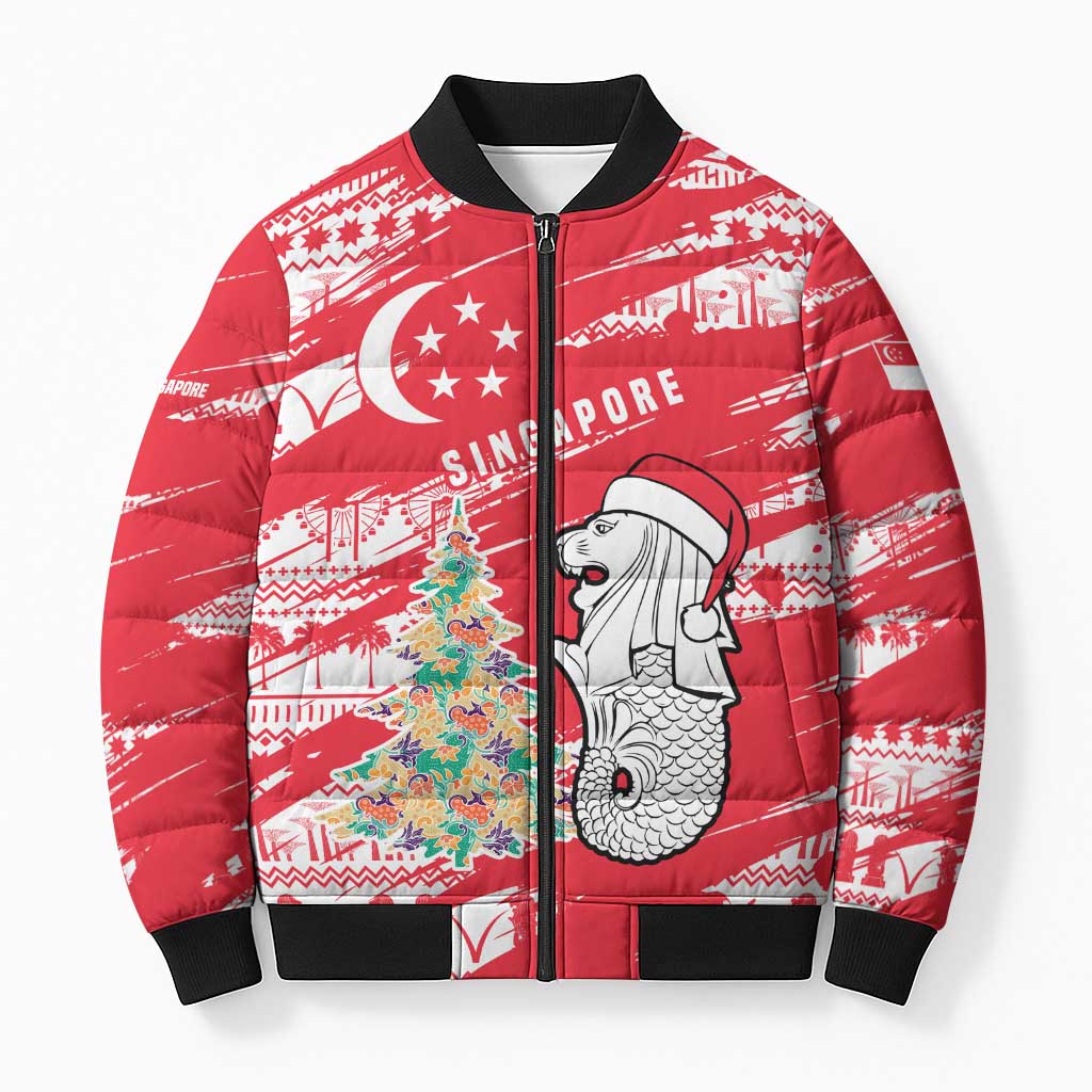 Singapore Christmas Bomber Puffer Jacket with Merlion Santa Hat Batik Christmas Tree and City Skyline Design - Wonder Print Shop
