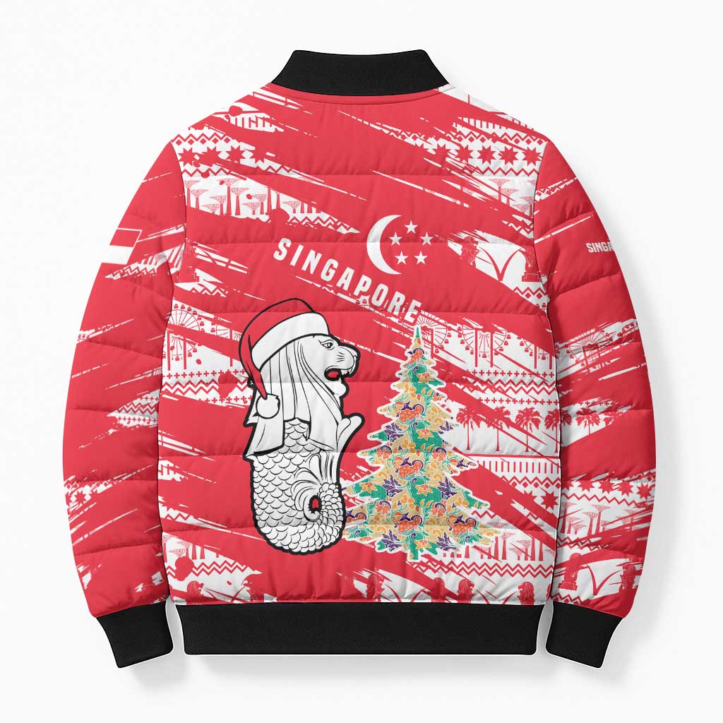 Singapore Christmas Bomber Puffer Jacket with Merlion Santa Hat Batik Christmas Tree and City Skyline Design - Wonder Print Shop