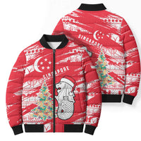 Singapore Christmas Bomber Puffer Jacket with Merlion Santa Hat Batik Christmas Tree and City Skyline Design - Wonder Print Shop