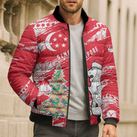 Singapore Christmas Bomber Puffer Jacket with Merlion Santa Hat Batik Christmas Tree and City Skyline Design - Wonder Print Shop
