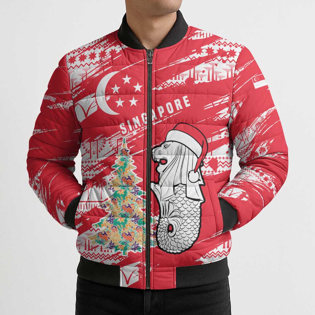 Singapore Christmas Bomber Puffer Jacket with Merlion Santa Hat Batik Christmas Tree and City Skyline Design - Wonder Print Shop