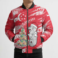 Singapore Christmas Bomber Puffer Jacket with Merlion Santa Hat Batik Christmas Tree and City Skyline Design - Wonder Print Shop