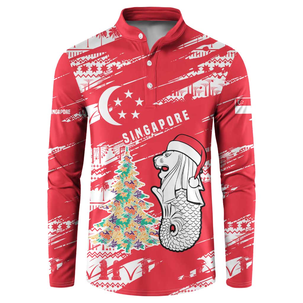 Singapore Christmas Button Sweatshirt with Merlion Santa Hat Batik Christmas Tree and City Skyline Design - Wonder Print Shop