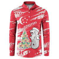 Singapore Christmas Button Sweatshirt with Merlion Santa Hat Batik Christmas Tree and City Skyline Design - Wonder Print Shop