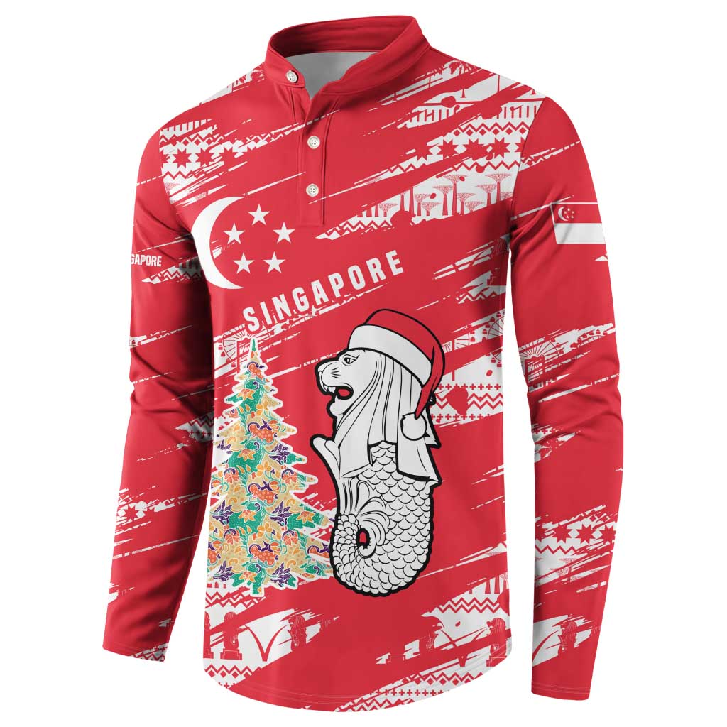 Singapore Christmas Button Sweatshirt with Merlion Santa Hat Batik Christmas Tree and City Skyline Design - Wonder Print Shop