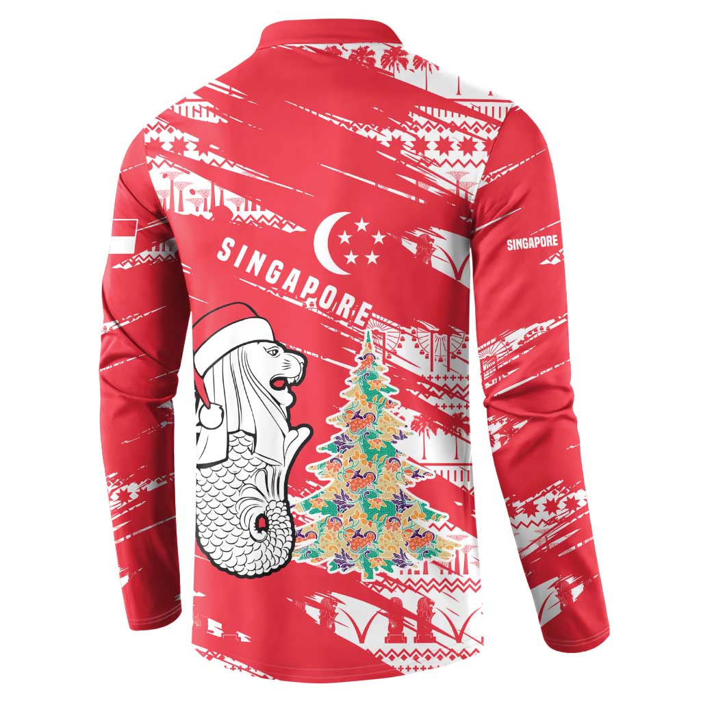 Singapore Christmas Button Sweatshirt with Merlion Santa Hat Batik Christmas Tree and City Skyline Design - Wonder Print Shop