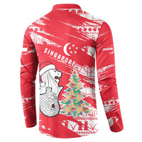 Singapore Christmas Button Sweatshirt with Merlion Santa Hat Batik Christmas Tree and City Skyline Design - Wonder Print Shop