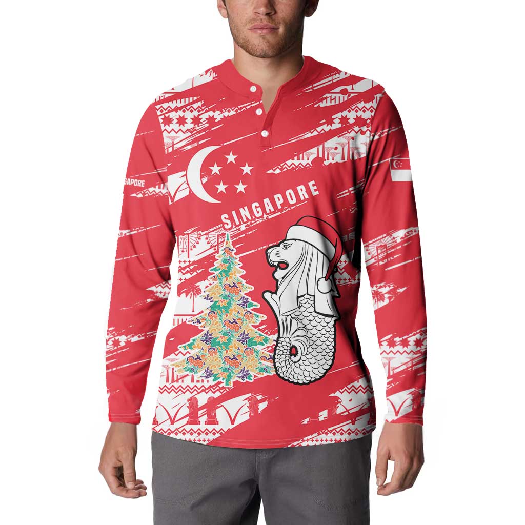 Singapore Christmas Button Sweatshirt with Merlion Santa Hat Batik Christmas Tree and City Skyline Design - Wonder Print Shop