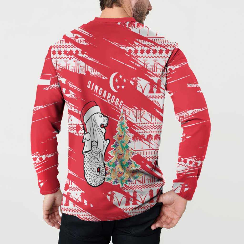 Singapore Christmas Button Sweatshirt with Merlion Santa Hat Batik Christmas Tree and City Skyline Design - Wonder Print Shop
