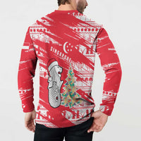 Singapore Christmas Button Sweatshirt with Merlion Santa Hat Batik Christmas Tree and City Skyline Design - Wonder Print Shop