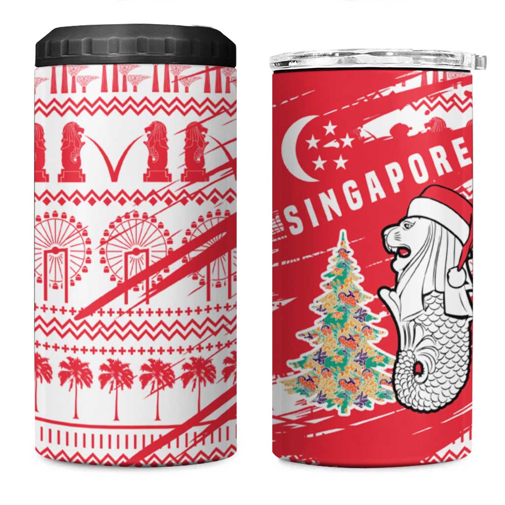 Singapore Christmas 4 in 1 Can Cooler Tumbler with Merlion Santa Hat Batik Christmas Tree and City Skyline Design - Wonder Print Shop