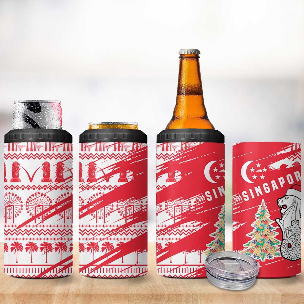 Singapore Christmas 4 in 1 Can Cooler Tumbler with Merlion Santa Hat Batik Christmas Tree and City Skyline Design - Wonder Print Shop