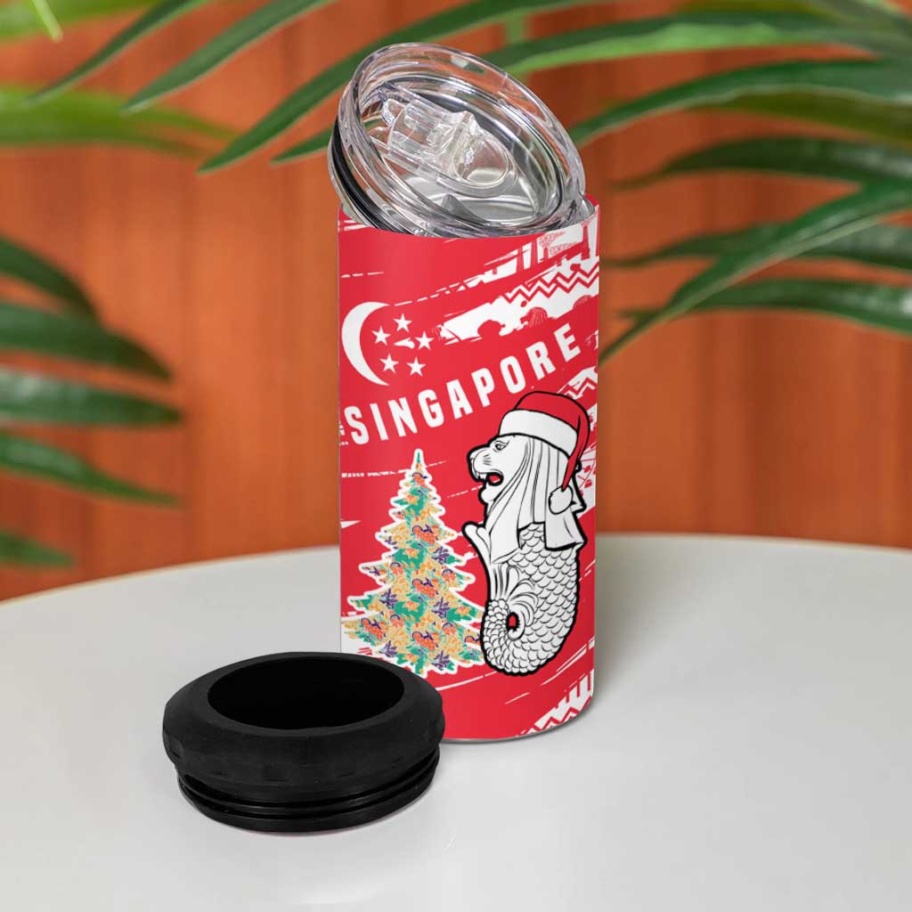 Singapore Christmas 4 in 1 Can Cooler Tumbler with Merlion Santa Hat Batik Christmas Tree and City Skyline Design - Wonder Print Shop