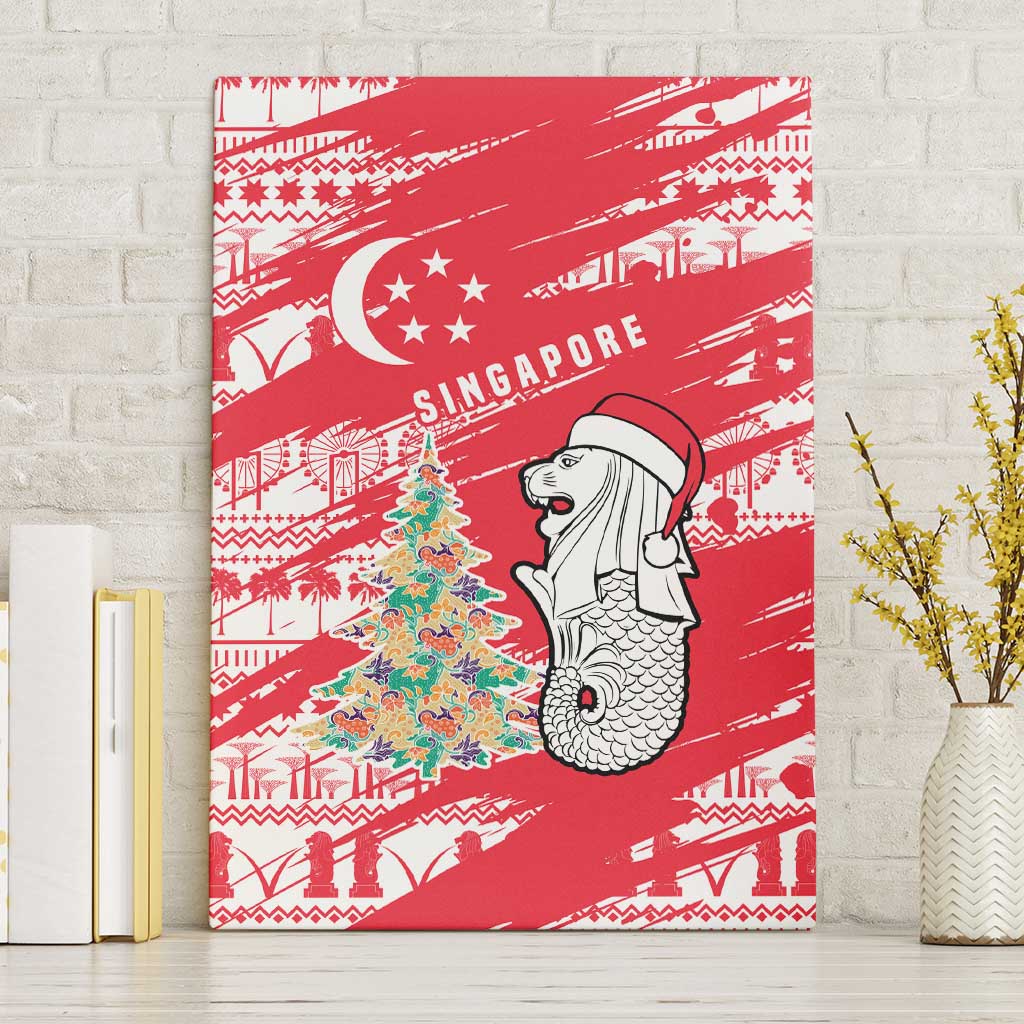Singapore Christmas Canvas Wall Art with Merlion Santa Hat Batik Christmas Tree and City Skyline Design - Wonder Print Shop