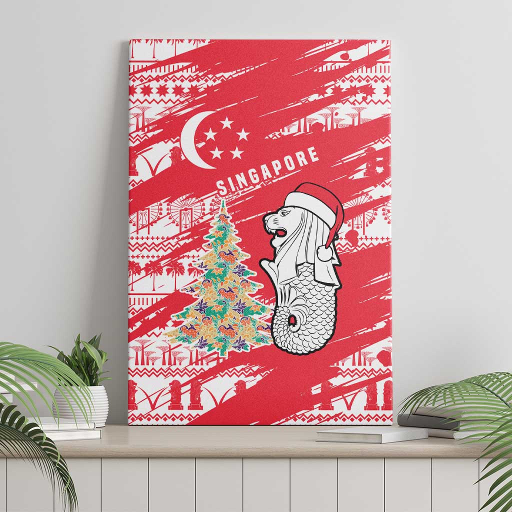 Singapore Christmas Canvas Wall Art with Merlion Santa Hat Batik Christmas Tree and City Skyline Design - Wonder Print Shop