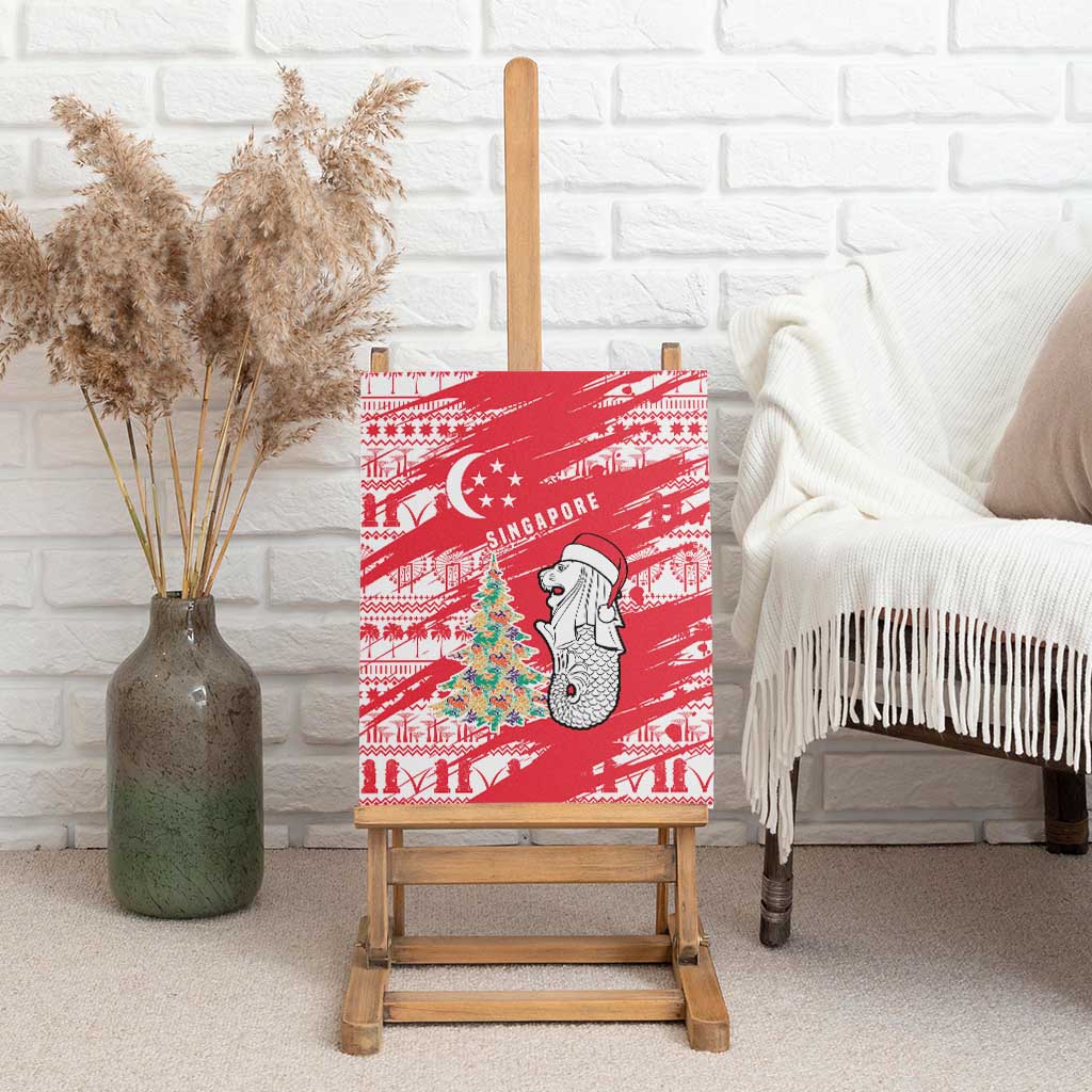 Singapore Christmas Canvas Wall Art with Merlion Santa Hat Batik Christmas Tree and City Skyline Design - Wonder Print Shop