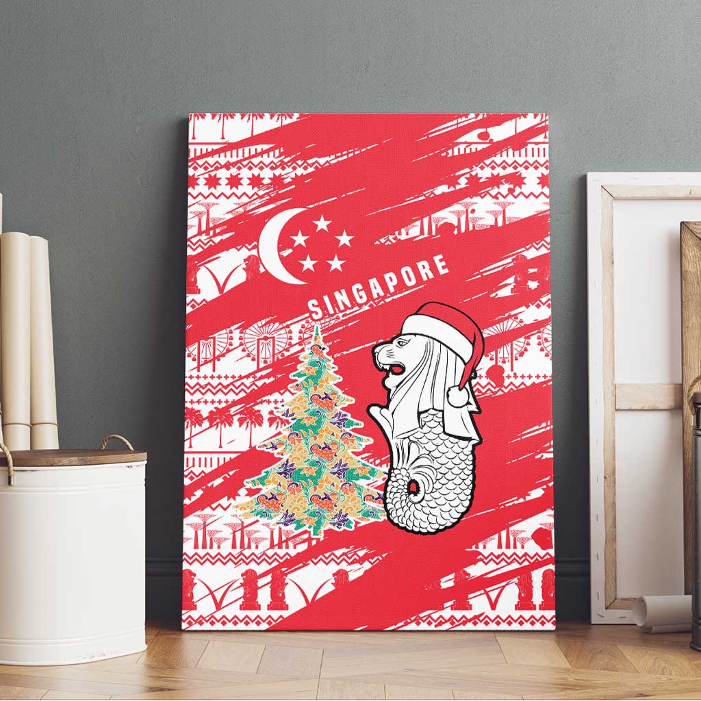 Singapore Christmas Canvas Wall Art with Merlion Santa Hat Batik Christmas Tree and City Skyline Design - Wonder Print Shop