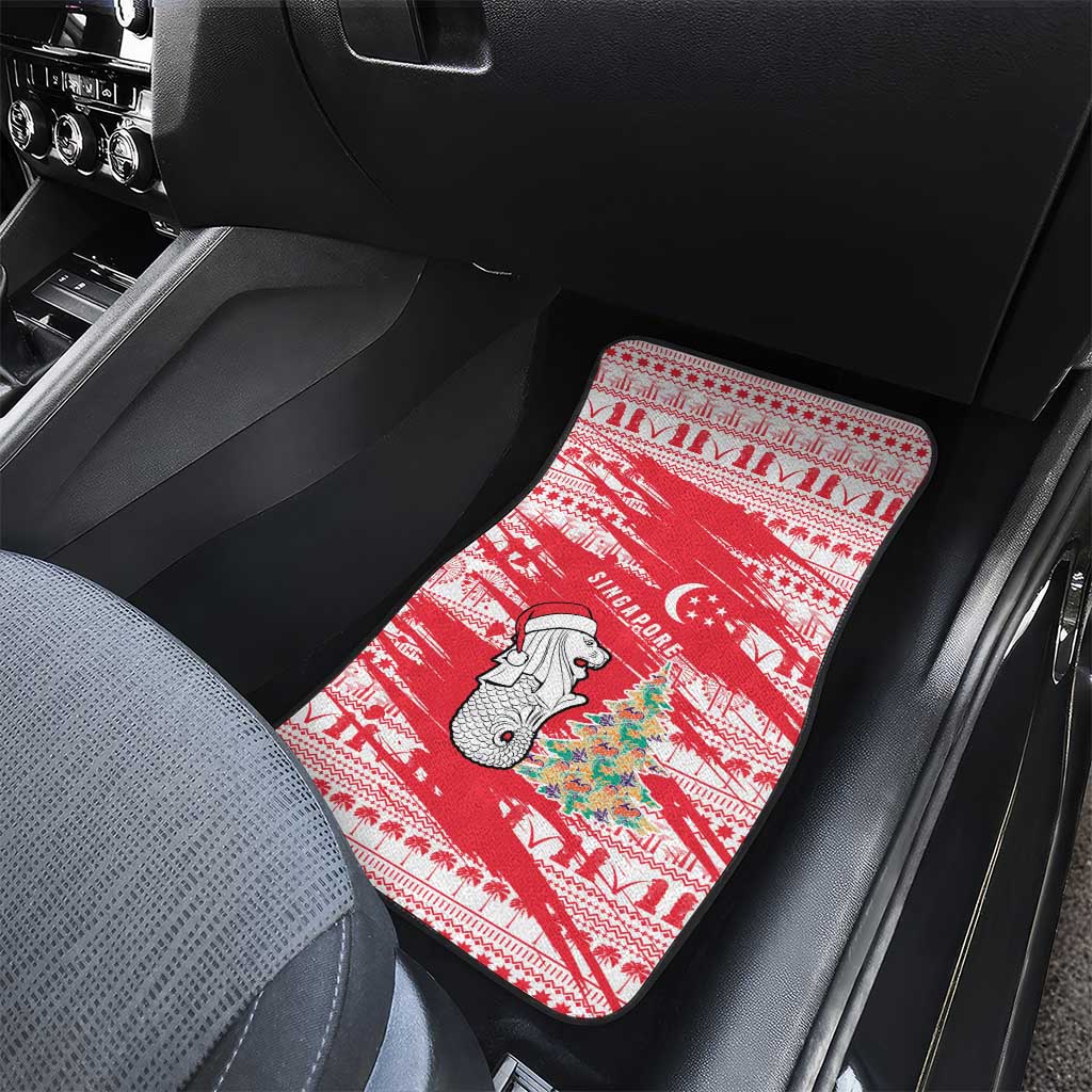 Singapore Christmas Car Mats with Merlion Santa Hat Batik Christmas Tree and City Skyline Design - Wonder Print Shop