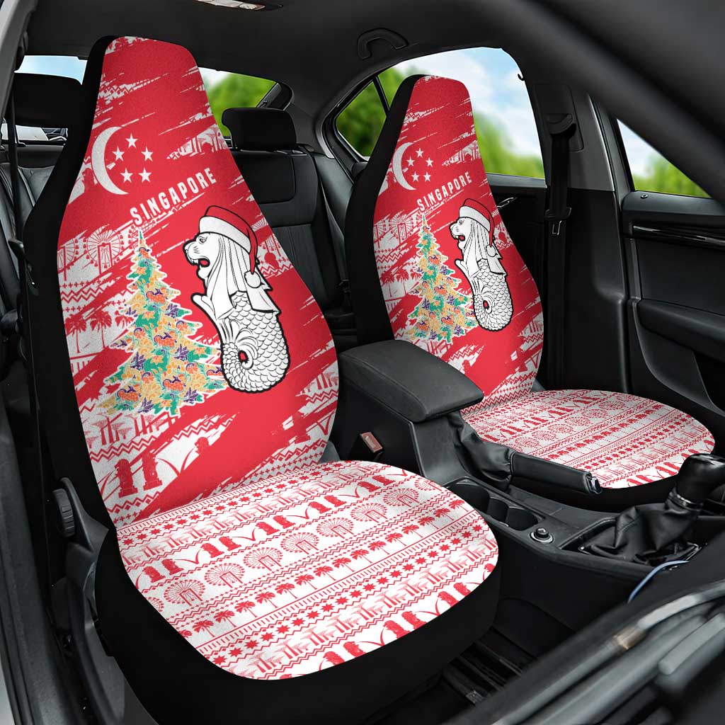 Singapore Christmas Car Seat Cover with Merlion Santa Hat Batik Christmas Tree and City Skyline Design - Wonder Print Shop