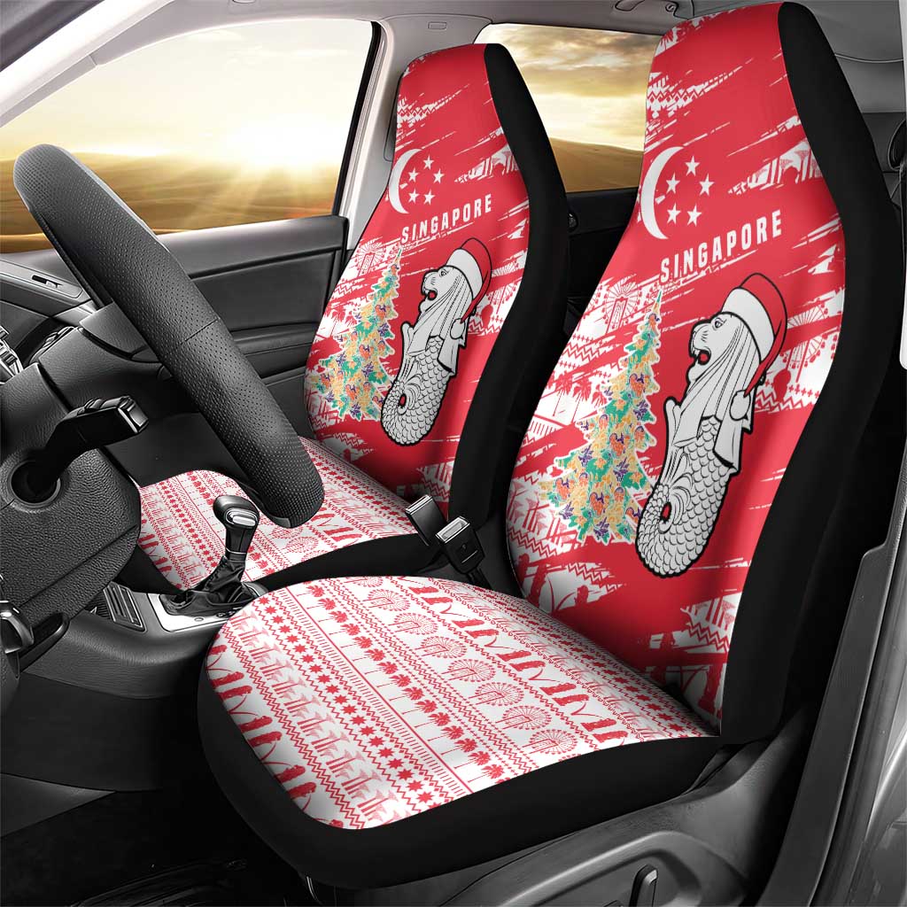 Singapore Christmas Car Seat Cover with Merlion Santa Hat Batik Christmas Tree and City Skyline Design - Wonder Print Shop