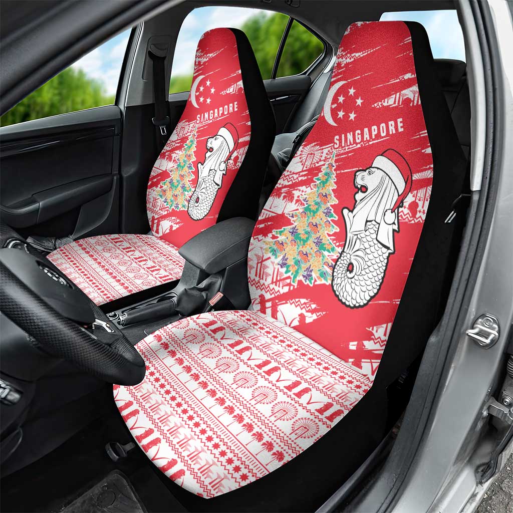 Singapore Christmas Car Seat Cover with Merlion Santa Hat Batik Christmas Tree and City Skyline Design - Wonder Print Shop