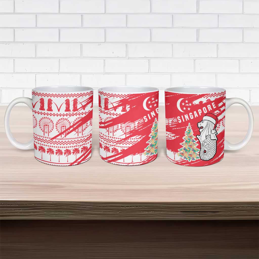 Singapore Christmas Ceramic Mug with Merlion Santa Hat Batik Christmas Tree and City Skyline Design - Wonder Print Shop