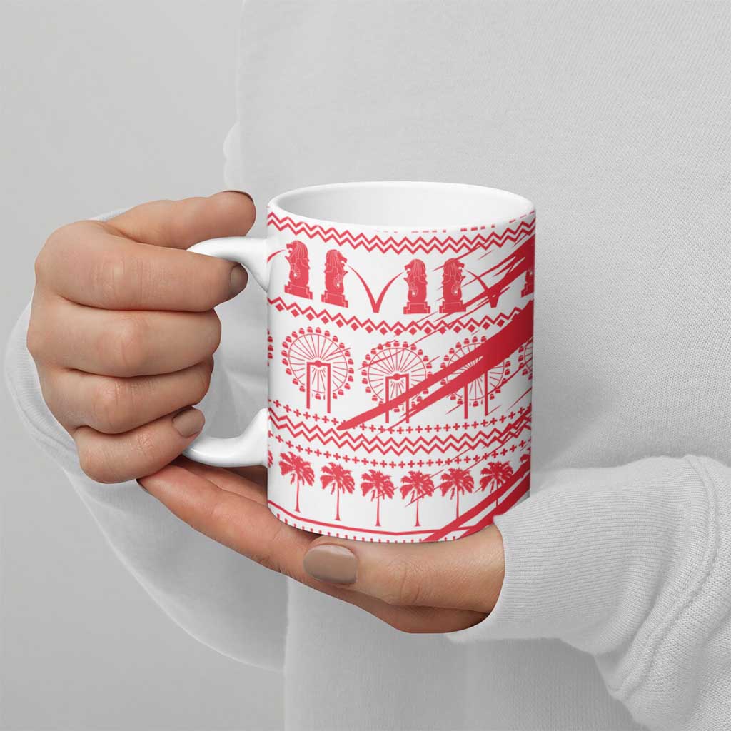 Singapore Christmas Ceramic Mug with Merlion Santa Hat Batik Christmas Tree and City Skyline Design - Wonder Print Shop