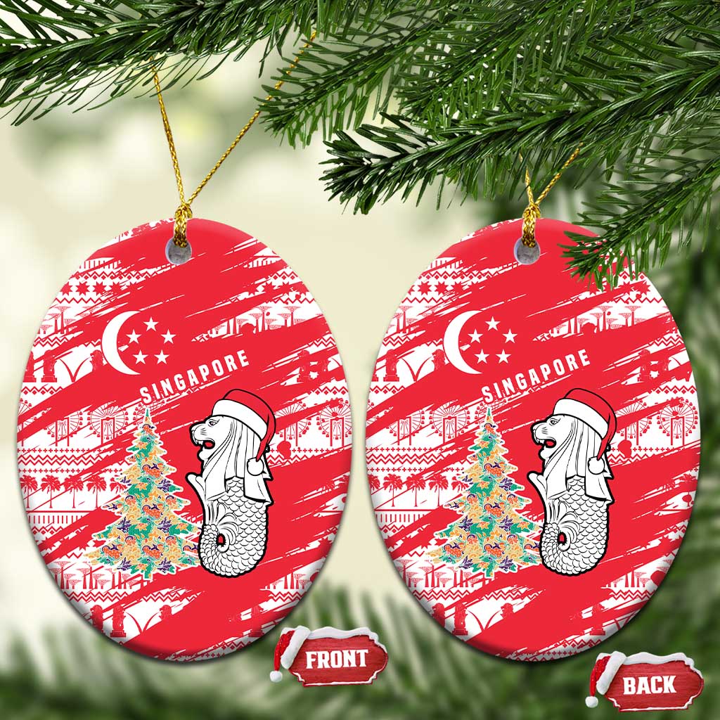 Singapore Christmas Ceramic Ornament with Merlion Santa Hat Batik Christmas Tree and City Skyline Design - Wonder Print Shop