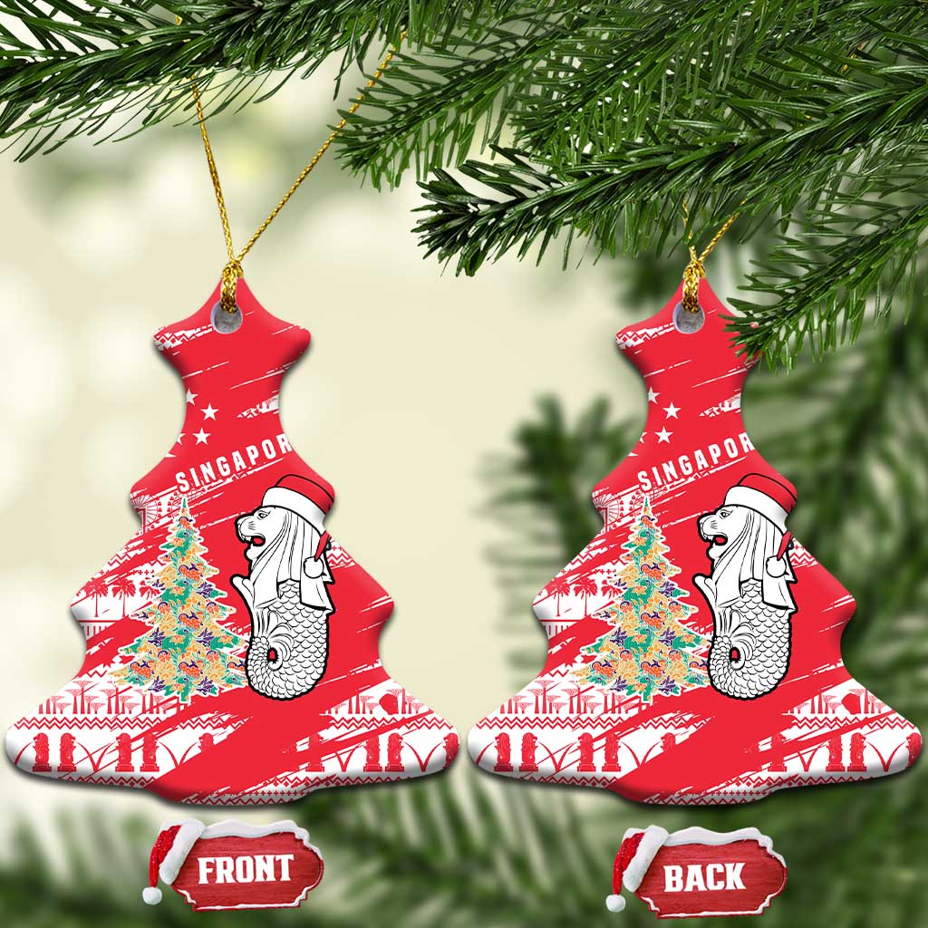 Singapore Christmas Ceramic Ornament with Merlion Santa Hat Batik Christmas Tree and City Skyline Design - Wonder Print Shop