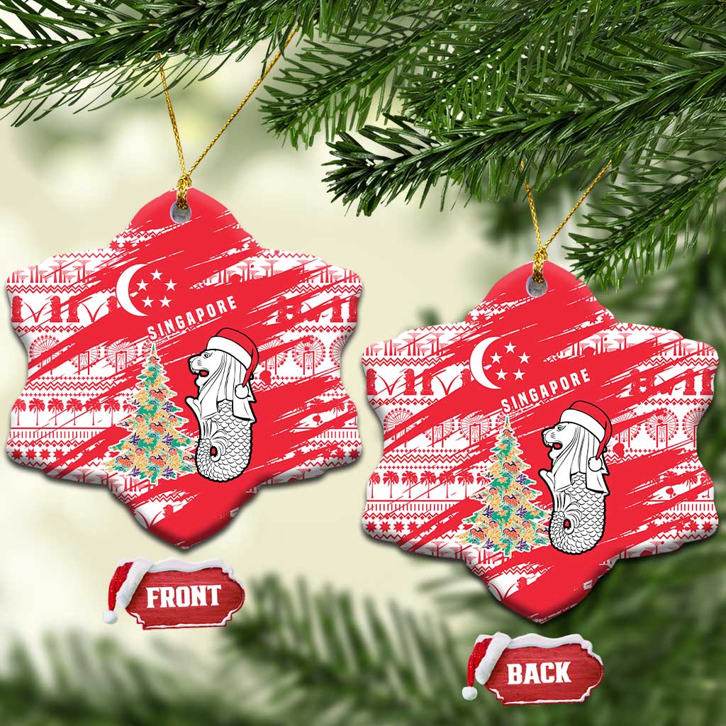 Singapore Christmas Ceramic Ornament with Merlion Santa Hat Batik Christmas Tree and City Skyline Design - Wonder Print Shop