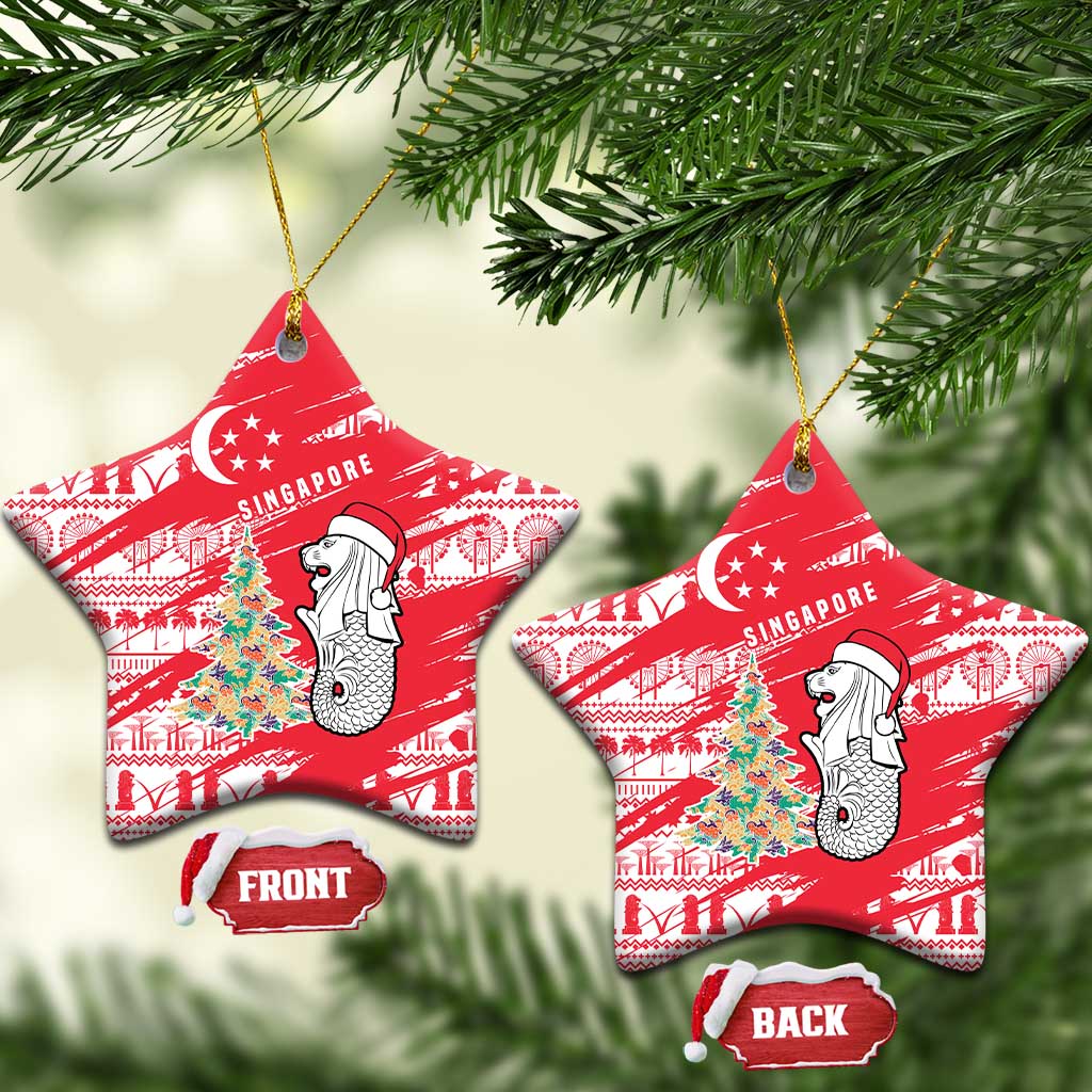 Singapore Christmas Ceramic Ornament with Merlion Santa Hat Batik Christmas Tree and City Skyline Design - Wonder Print Shop
